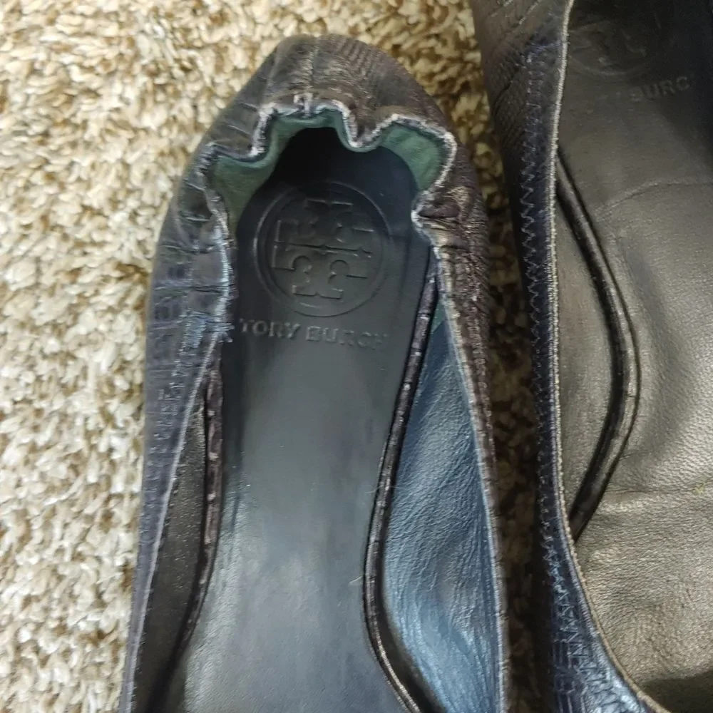Tory Burch Travel Ballet Flats Women's 7.5 Black Snake Print Leather Gold Logo